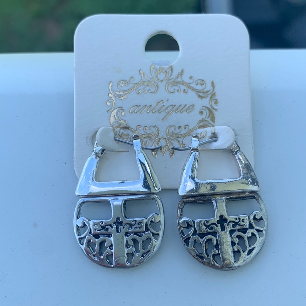 Brand New, Silver and Black Drop Earring with Cross on each. Over an 1” long